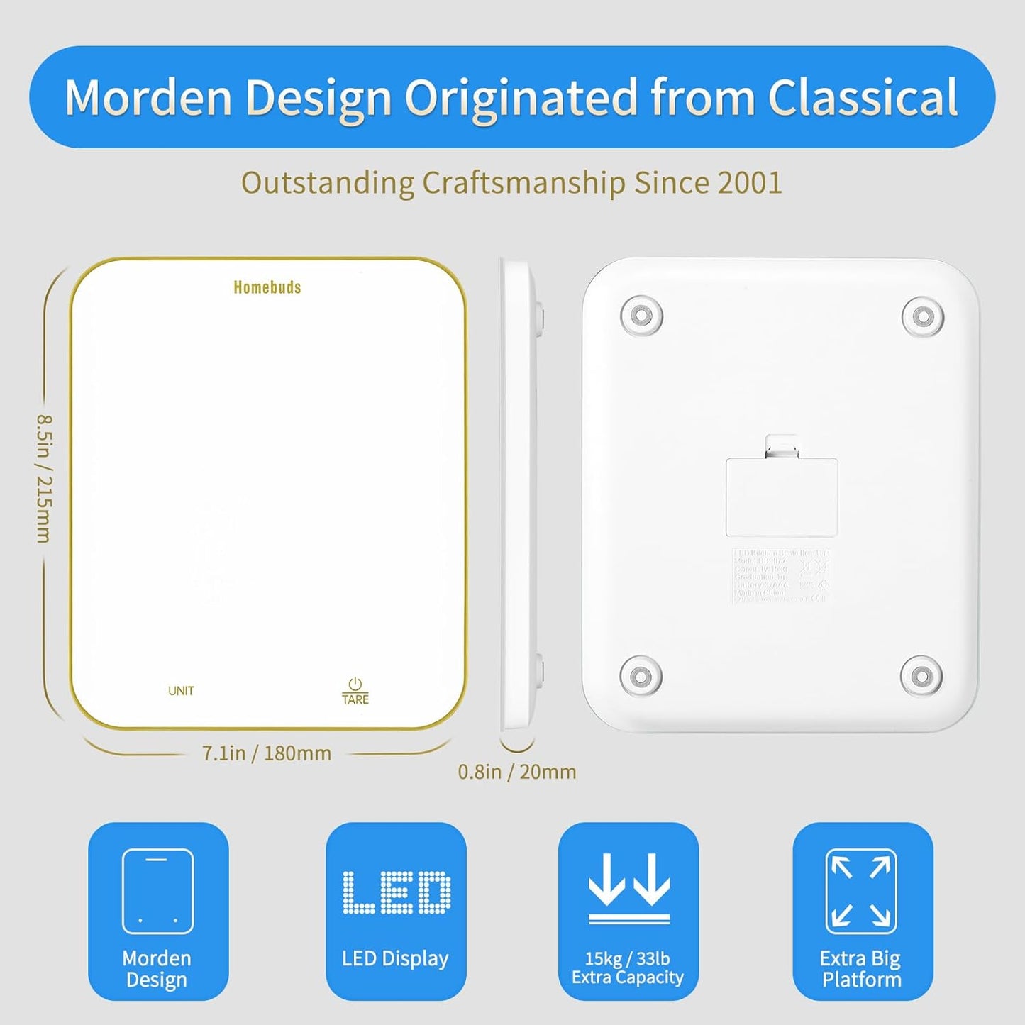 Homebuds 33lb Digital Food Scale Grams and Ounces in 1g, High Precision Assured by Kitchen Scale Professional Factory Since 2001, Gram Scale for Cooking and Baking, LED, 3*AAA, White by Golden Line
