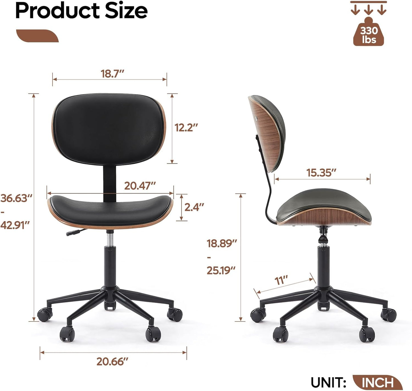 Bestier Small Office Chair with Bentwood Back Support, Armless Desk Chair with 360° Swivel, Height Adjustable Computer Chair with Wheels, PU Leather Modern for Office, Small Space, Black