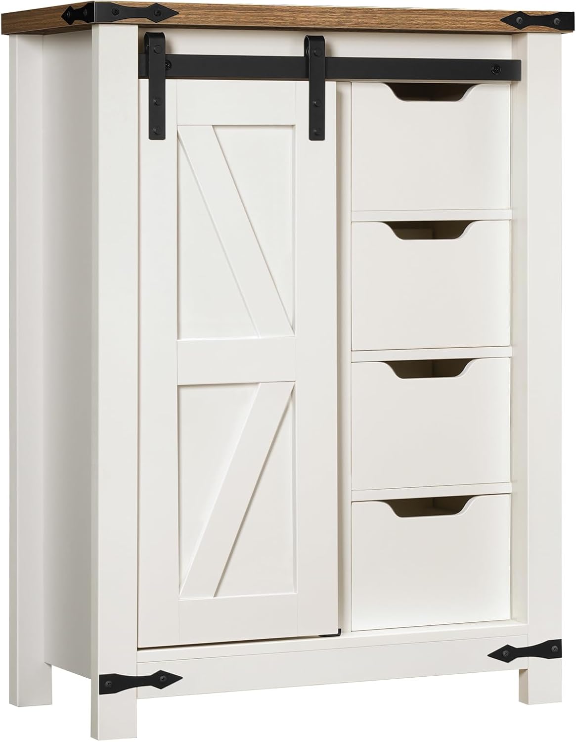 HOOBRO Bathroom Storage Cabinet, Farmhouse Cabinet with Sliding Barn Door, Adjustable Shelf and 4 Drawers, 11.8" D x 23.6" W x 31.9" H, Freestanding for Bathroom, Kitchen, White and Walnut