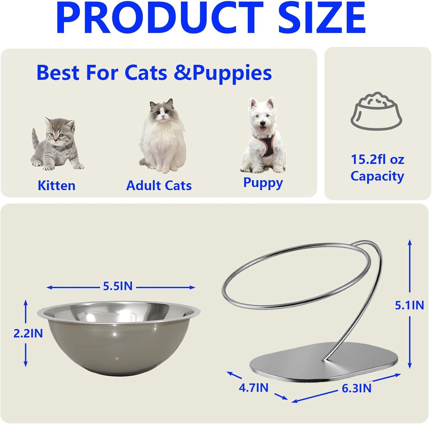 Elevated Cat Bowls,15 Degree Inclined Stainless Steel Cat Bowls,Detachable Metal Bracket,Protect The Cervical Spine,Prevent Vomiting,Ergonomic Design for Healthy Eating & Digestion,2PC (2PC)