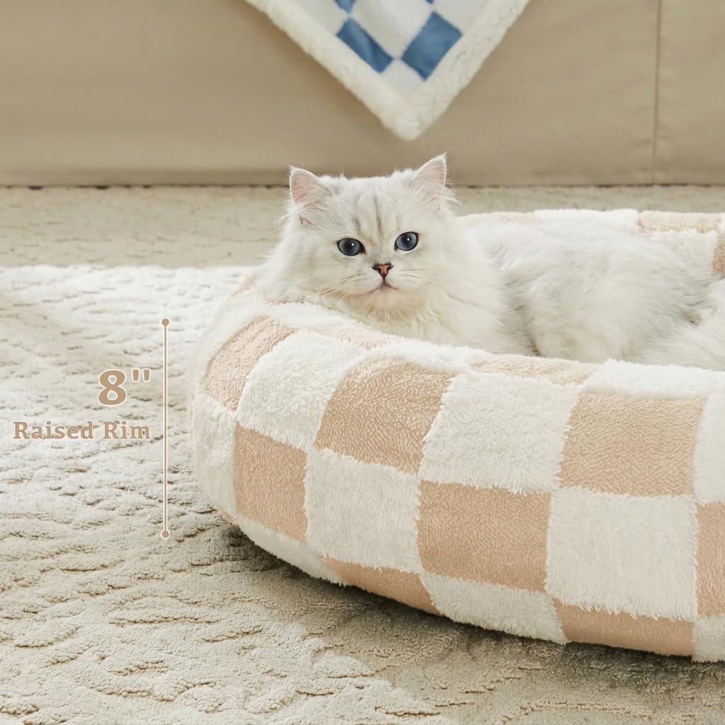 Checkered Cat Dog Bed, Cute Beige Khaki Retro Style Aesthetic Round Warming Pet Calming Beds for Small Dog and Cats, Plush Cozy Donut Beds Washable, 23" L x 23" W x 8" Th