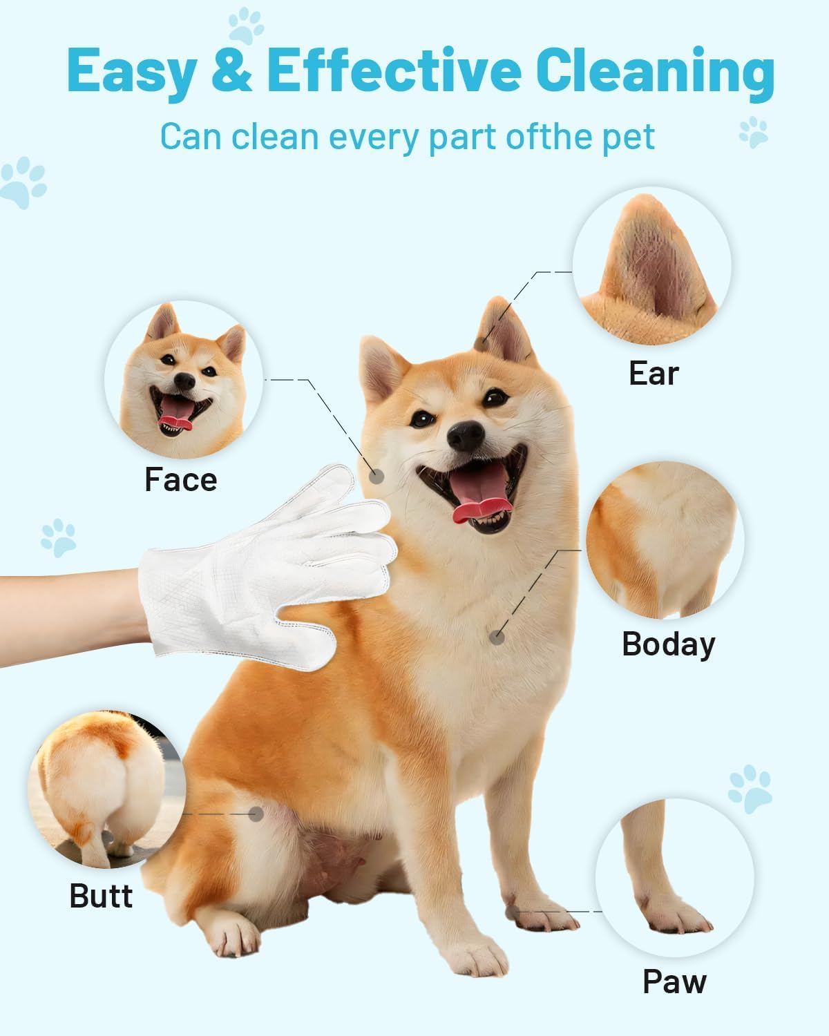Dog Glove Wipes for Paws, Butt, Ears & Eyes - Pet Cleaning Wipes After Walk, Potty & Grooming | Extra Large Thick Rinse-Free for Dogs & Cats | Hypoallergenic Fragrance-Free for On-the-Go & Camping