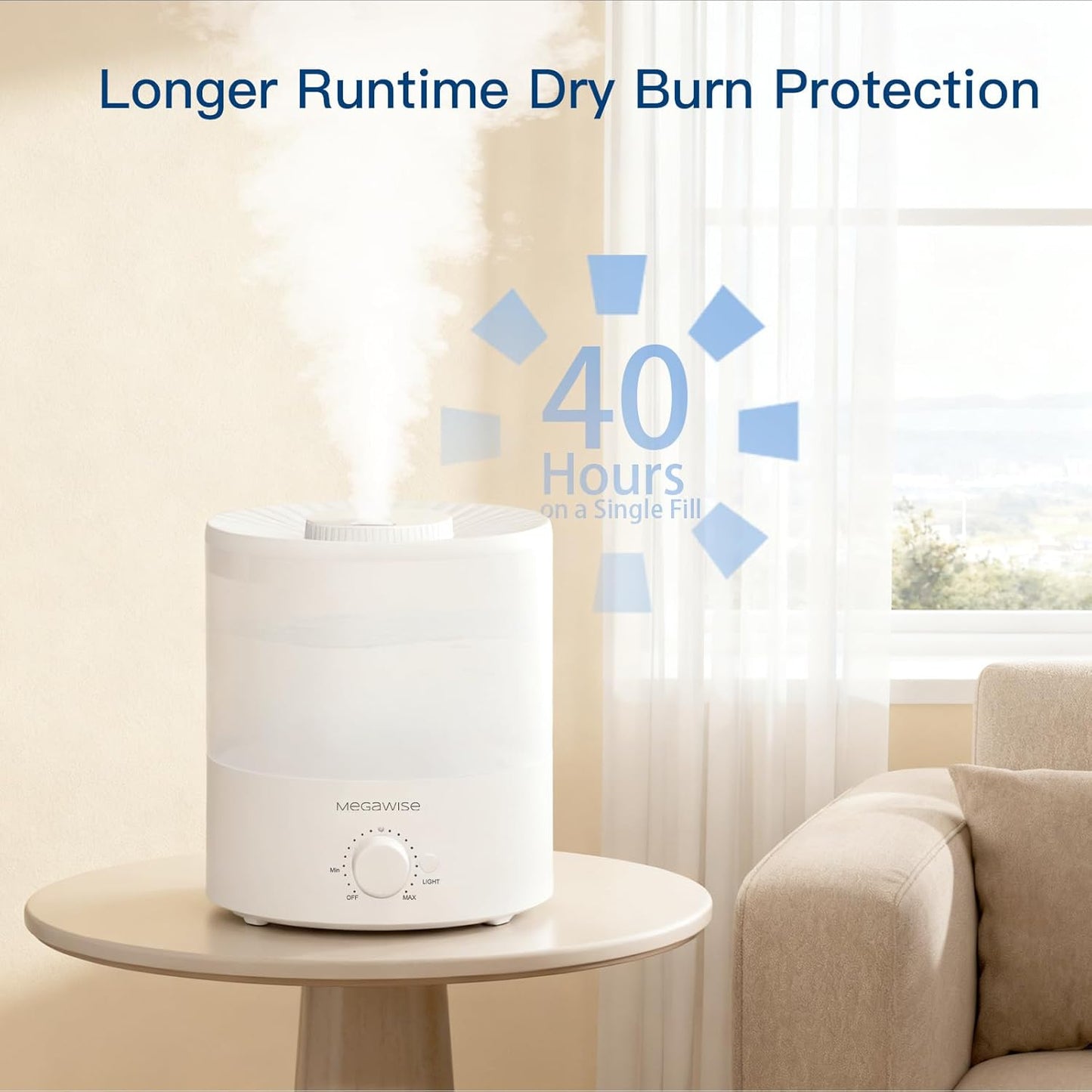 MegaWise Ultrasonic Cool Mist Humidifier SK7620 - 1.5L Capacity, Whisper-Quiet Operation, Adjustable Mist Output, Auto Shut-Off - Ideal for Home, Office, Baby Room, and Bedroom