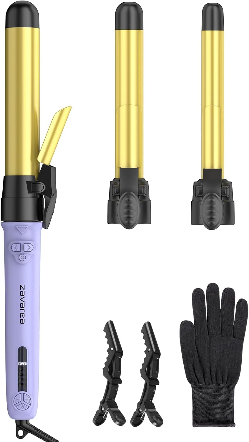 Rotating Curling Iron Set for Long Hair, Automatic Curling Wand Easy to Use Get Beach Waves 3 Interchangeable Ceramic Barrels 0.75" 1" 1.25", 5 Heat Settings up to 430°F, Dual Voltage