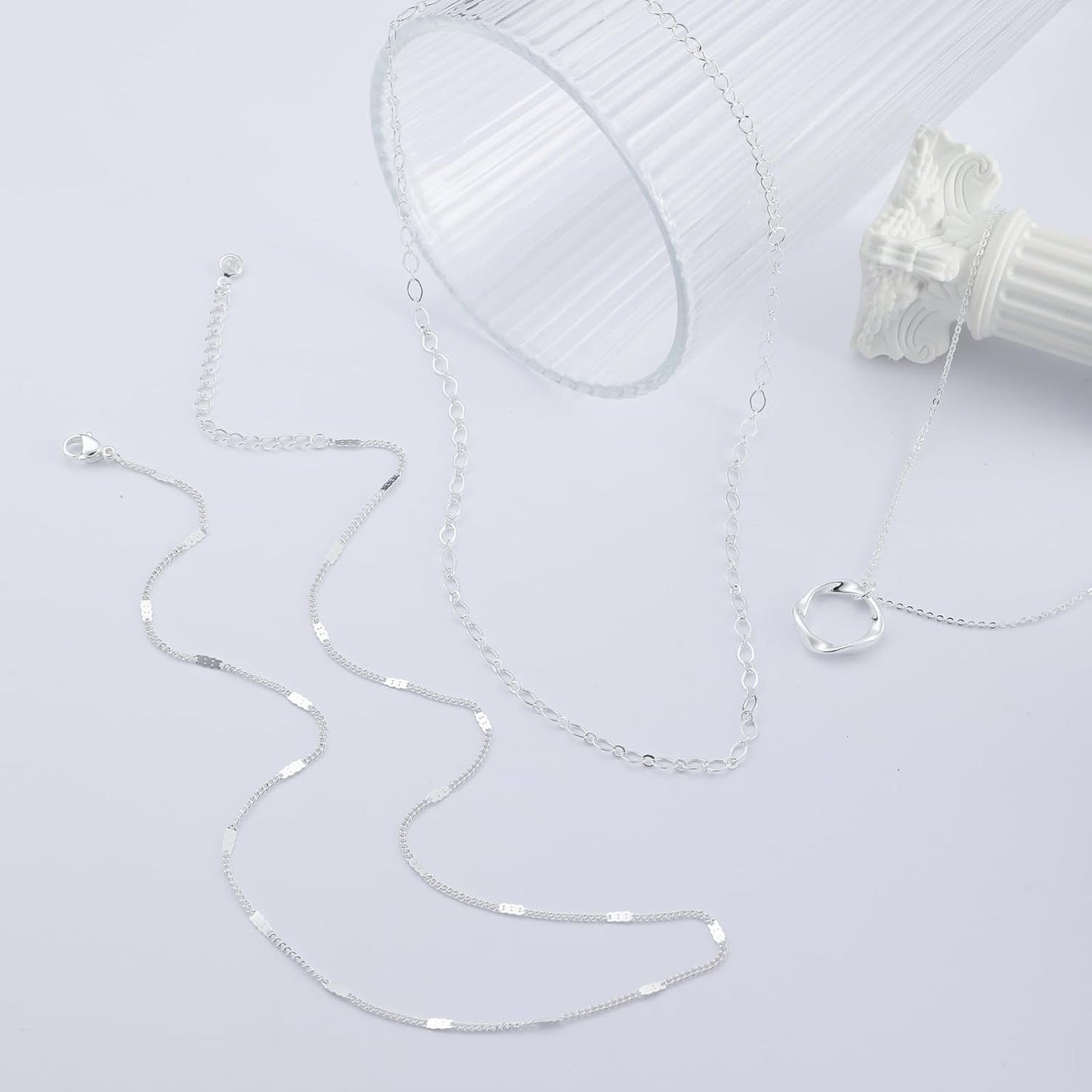 Layered Silver Necklaces for Women, Sterling Silver Stackable Stack Choker Necklaces for Women Trendy Layering Circle Pendant Chain Necklace Set Jewelry for Women