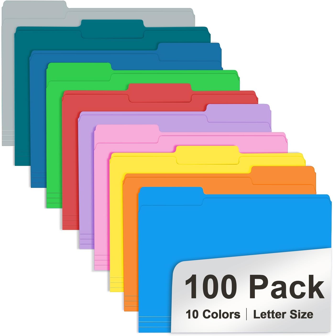 File Folder, RAZCC Colored File Folders, 1/3 Cut Tab File Folder Letter Size, Filing Folders with Tabs for Office School Business Use, Assorted 10 Colors (100 Pack)
