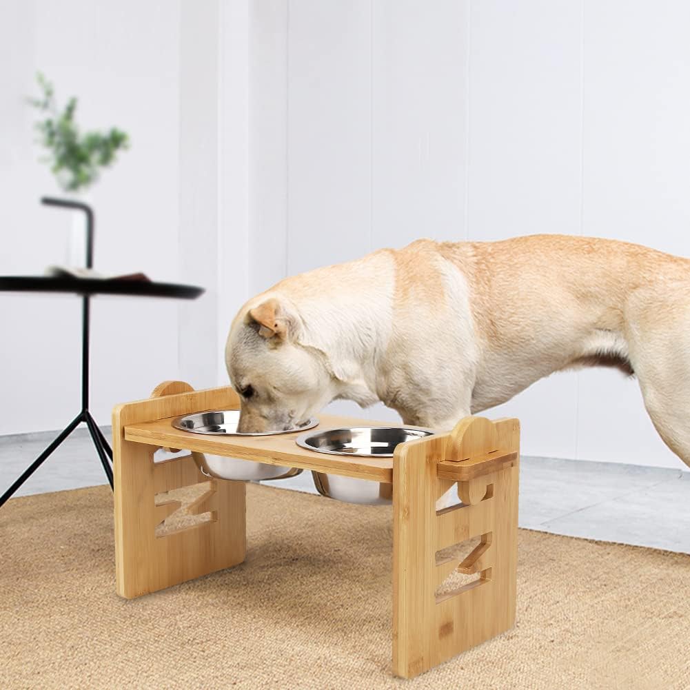 Elevated Dog Bowls, Adjustable Raised Tilted French Bulldog Food Water Bowl, Slanted Bamboo Pet Feeding Station with Stainless Steel Bowl for Small & Medium Dogs, Cat Kitten Flat Faced Puppy Feeder