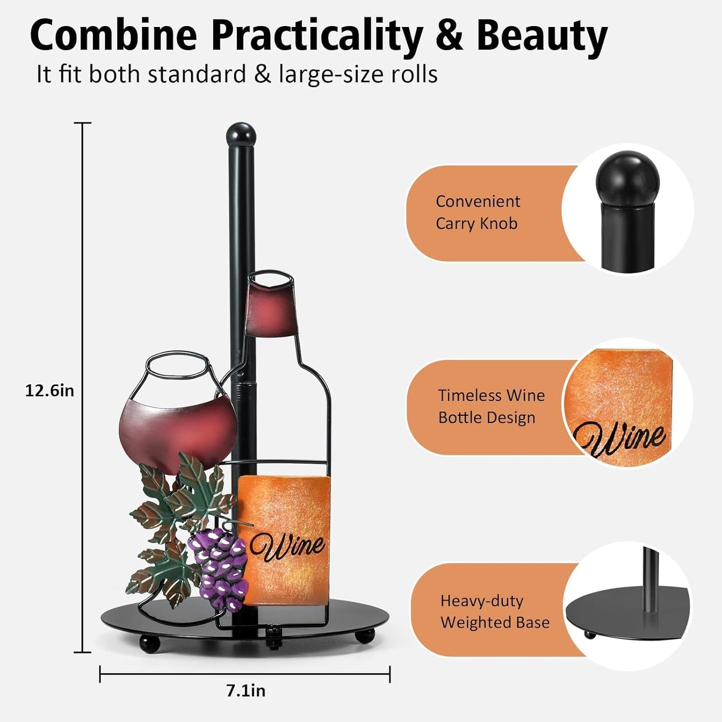 Wine Paper Towel Holder Countertop - Grape&Wine Decor Gifts, Cute Rustic Country Vintage Farmhouse Kitchen Decorations, Roll Dispenser with Weighted Base