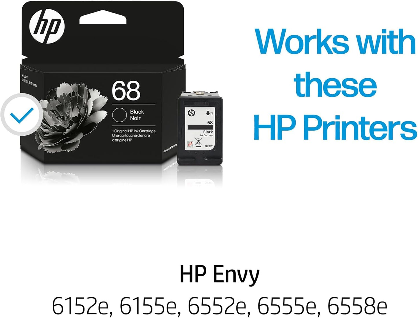 HP 68 Black Ink Cartridge | Works Envy 6100e, 6500e Series | Eligible for Instant Ink | 7FP21TN