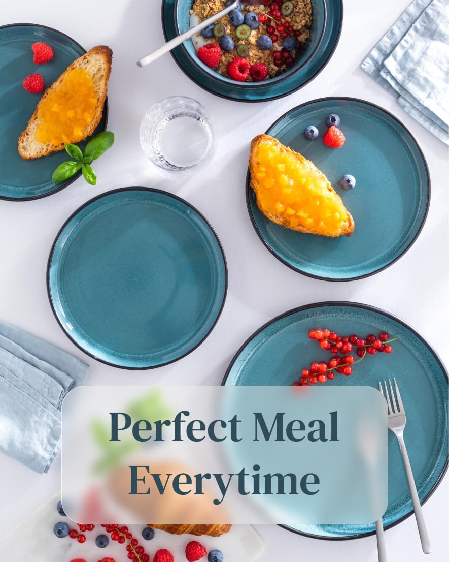 Stoneware Dinnerware Set for 4, 16 Piece Plates and Bowls Set - Handmade Reactive Glaze, Chip & Scratch Resistant Sets - Dishwasher Microwave Safe, Modern Kitchen Dinner Service in Dark Petrol Blue