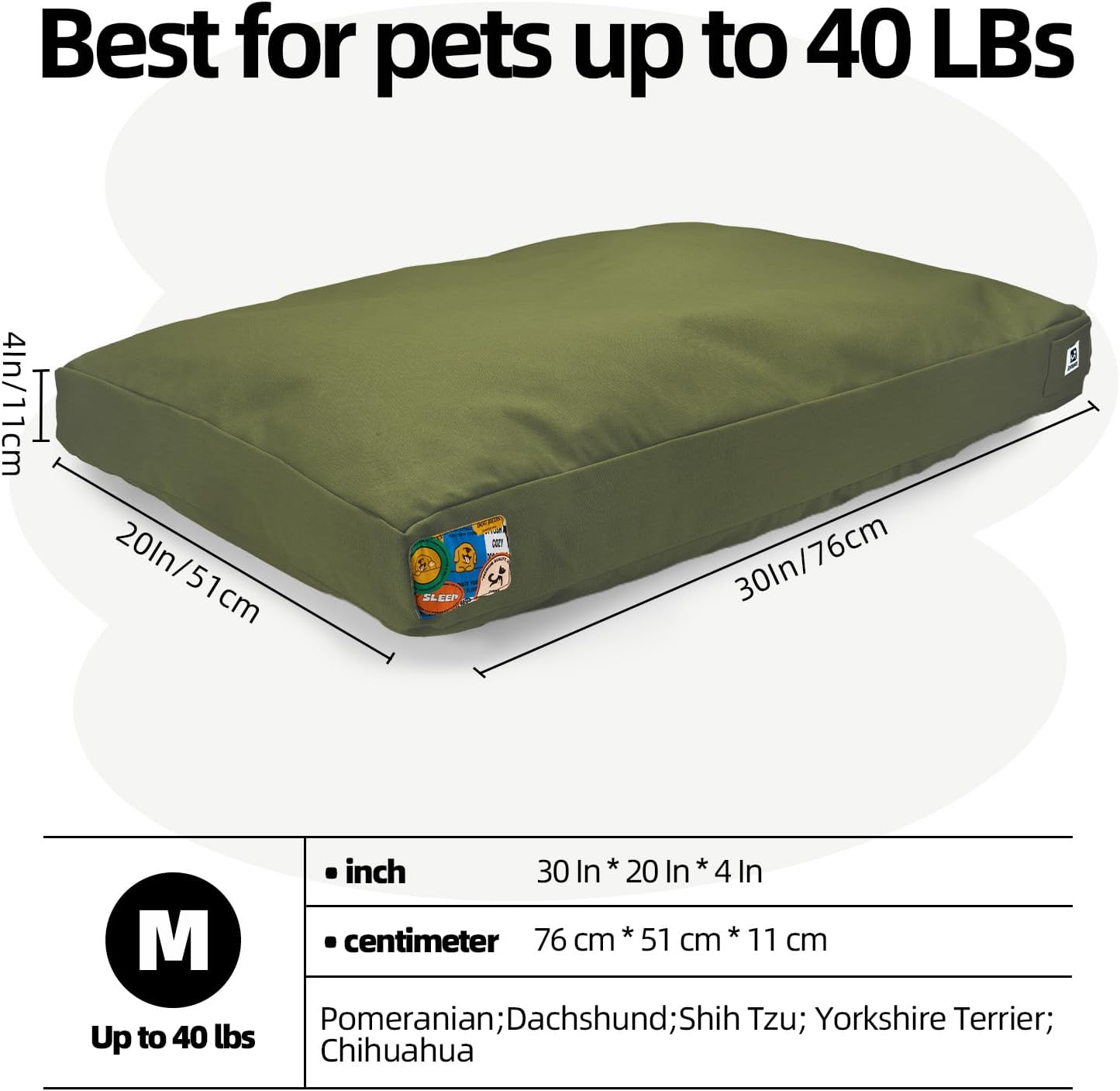 Sytopia 30 Inch Canvas Indestructible Outdoor Dog Bed for Medium Dogs, Chew Proof Dog Bed with Waterproof Washable Removable Cover, Indoor Patio Pet Pad for Crate, Green