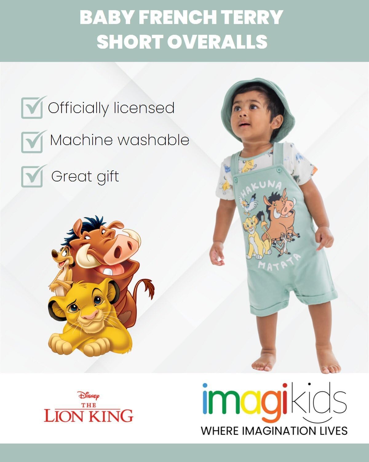 Disney Baby French Terry Short Overalls, T-Shirt and Hat 3 Piece Outfit Set Newborn to Infant Sizes (0-24 Months)