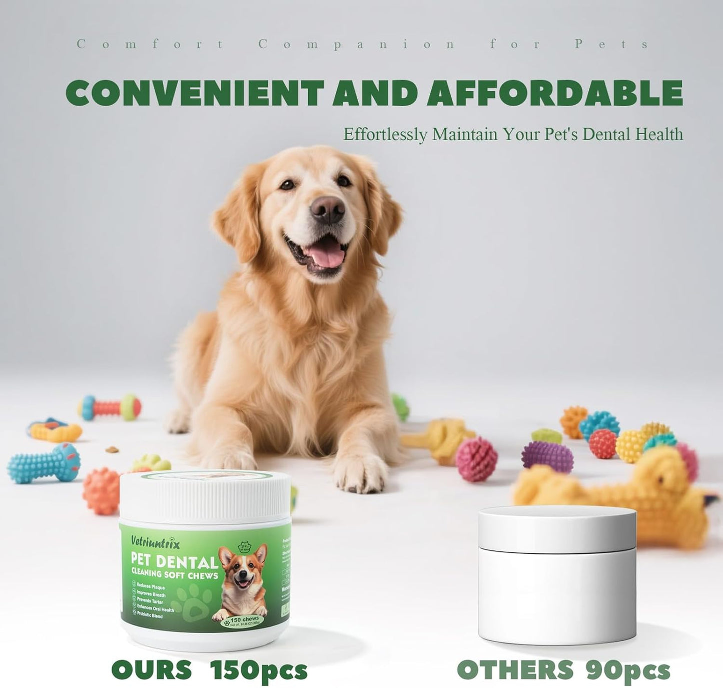 Dog Teeth Cleaning Chews, Dog Dental Chews for Plaque & Tartar Control with Natural Enzymes, Dental Care for Dogs with Probiotic, Fresh Breath for Small Medium Large Dogs