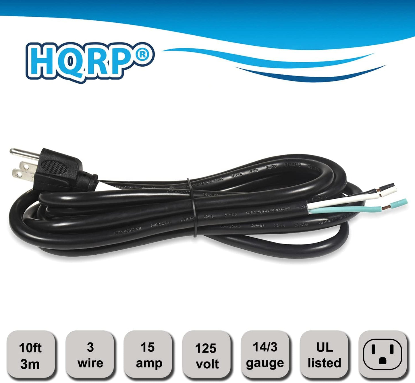 HQRP 10ft 14-Gauge 3-Prong 14/3C Heavy Duty Replacement Power Supply Cord Cable 110V 115V 120V Pigtail for Universal AC Appliance and Power Tool, NEMA 5-15 Plug US SJT 14-AWG 15A, UL Listed