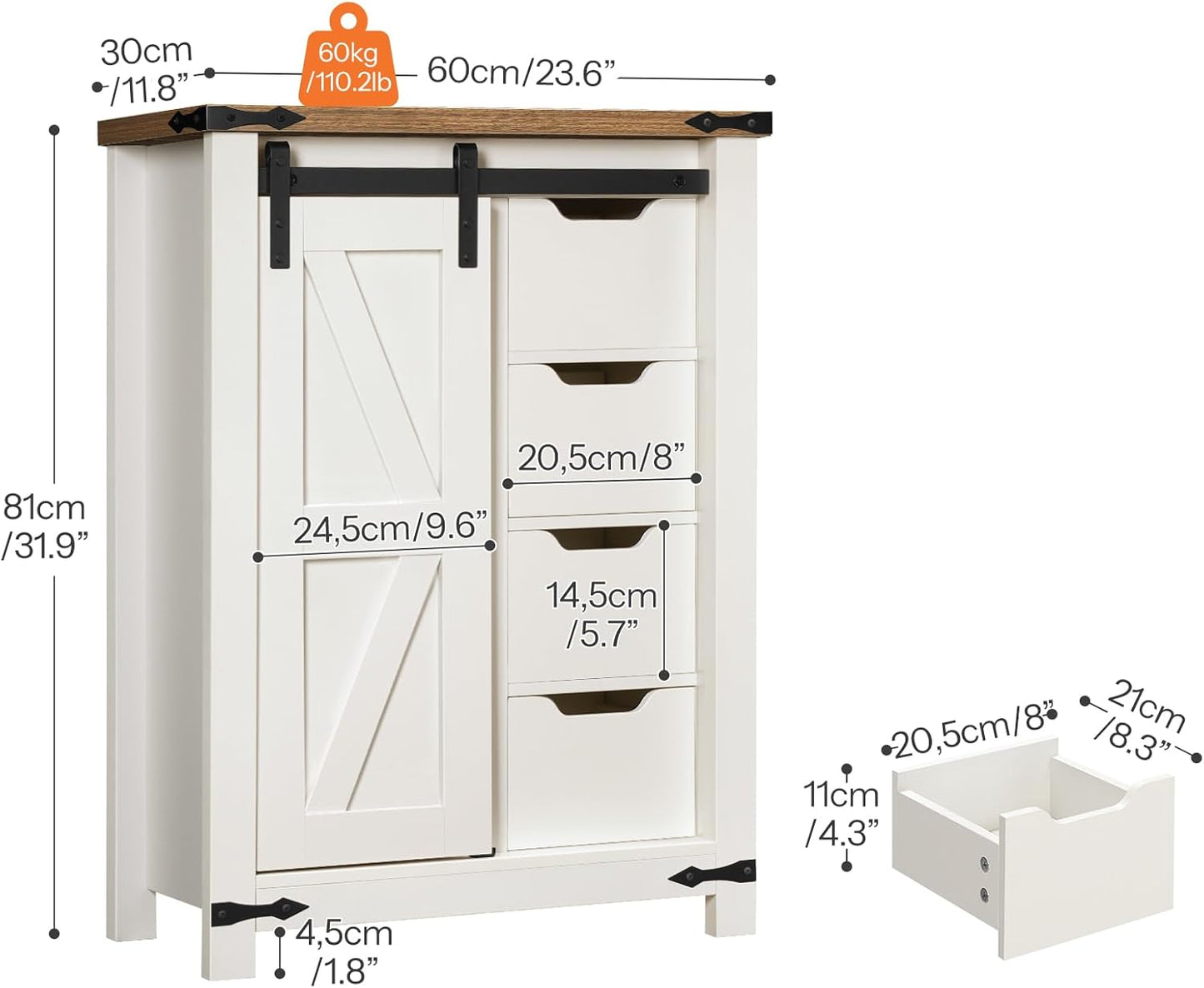 HOOBRO Bathroom Storage Cabinet, Farmhouse Cabinet with Sliding Barn Door, Adjustable Shelf and 4 Drawers, 11.8" D x 23.6" W x 31.9" H, Freestanding for Bathroom, Kitchen, White and Walnut