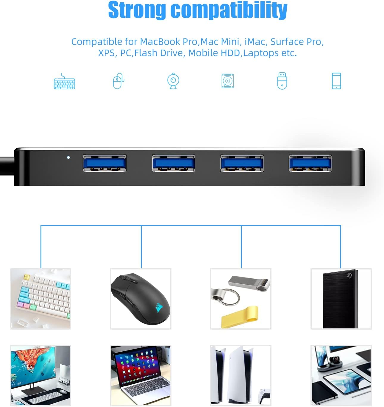 USB Hub 3.0, PANPEO 4-Port USB 3.0 Hub Multi USB Port Expander for Laptop, Xbox, Flash Drive, Mobile HD, Console, Printer, Camera, Keyborad, Mouse