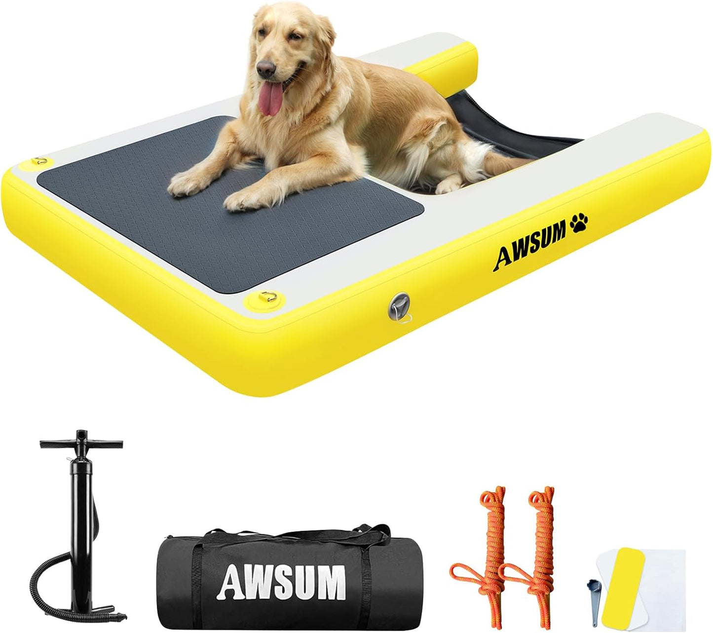 AWSUM Inflatable Dog Water Ramp 4ft x 3.3ft Dog Boat Ramp Floating for Dogs Up to 220LBS On Water Float Ladder Steps for Pool, Dock, Lakes, Yellow