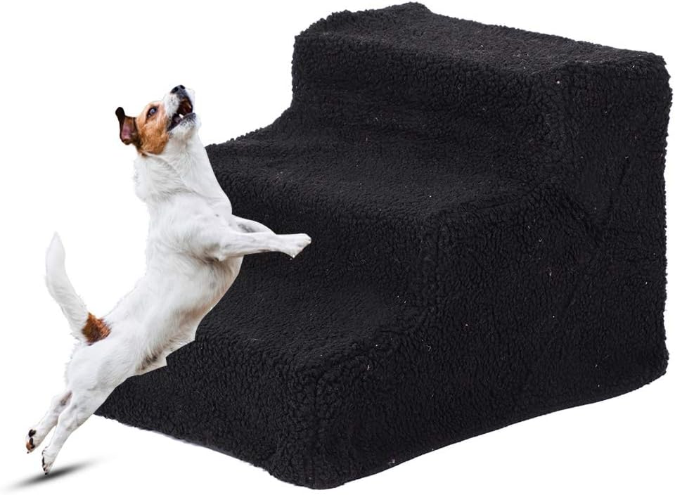 ZJchao Pet Stairs Dog Stairs Pet Ramp Pet Steps Sturdy Durable 3 Steps Ladder for High Bed Sofa with Removable Plush Cover White Beige Black (White)