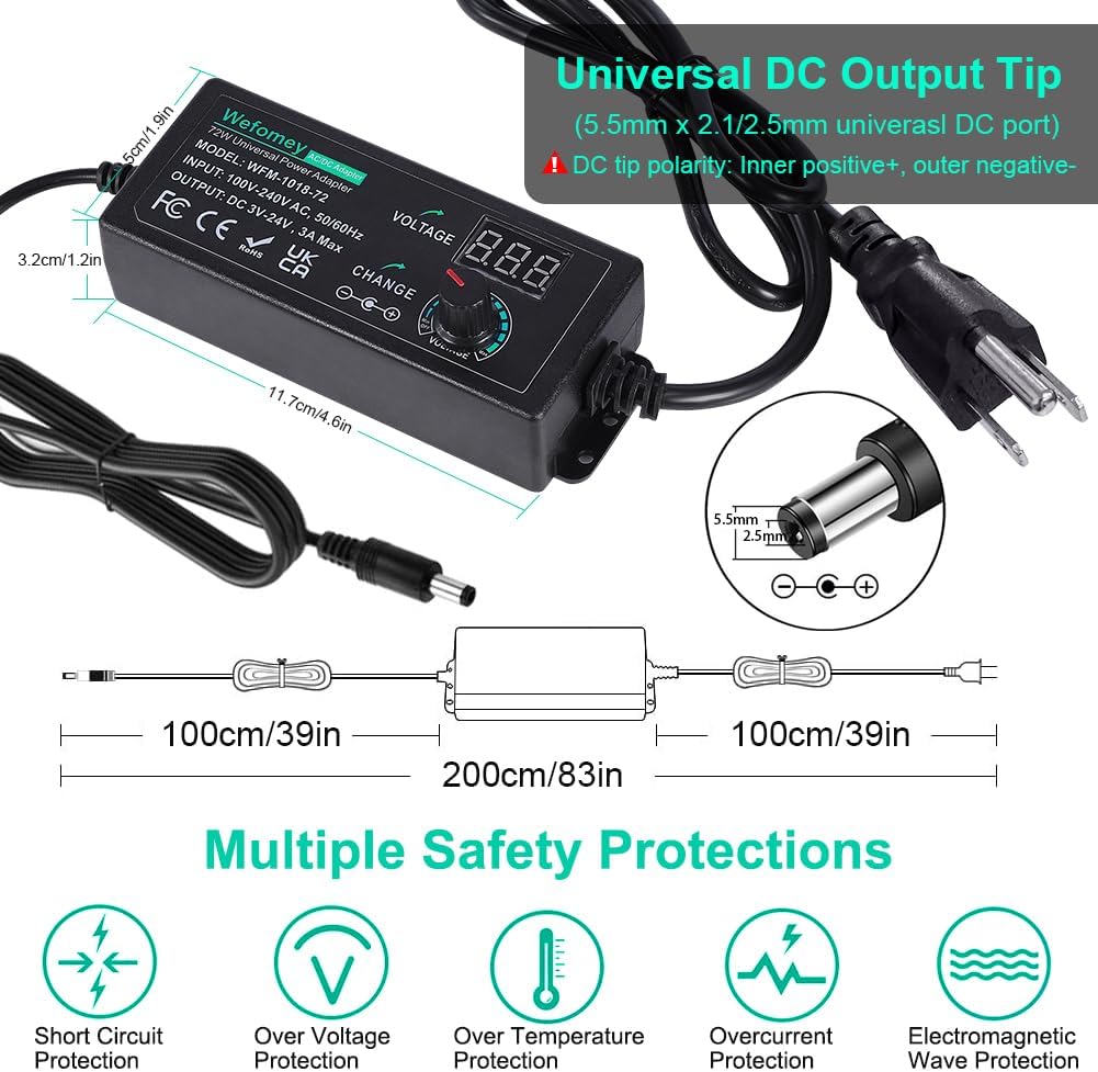 Universal Power Supply 3V~24V 3A 72W Adjustable Variable 3V 5V 6V 9V 12V 15V 18V 20V 24V AC/DC Adapter Charger, 100V-240V AC to DC Converter with 14 Tips and Polarity Converter