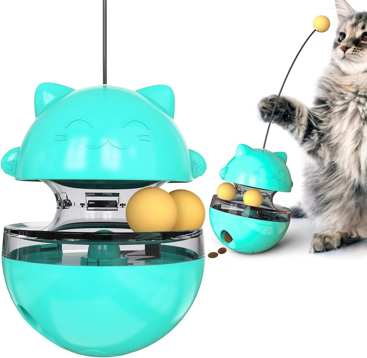 Premium Cat Treat Dispensing Toy, Wobbler Interactive Cat Feeder with Teaser Wand, Adjustable Slow Feeder Ball for Indoor Cats, Kitten Entertainment & Mental Stimulation (Blue)