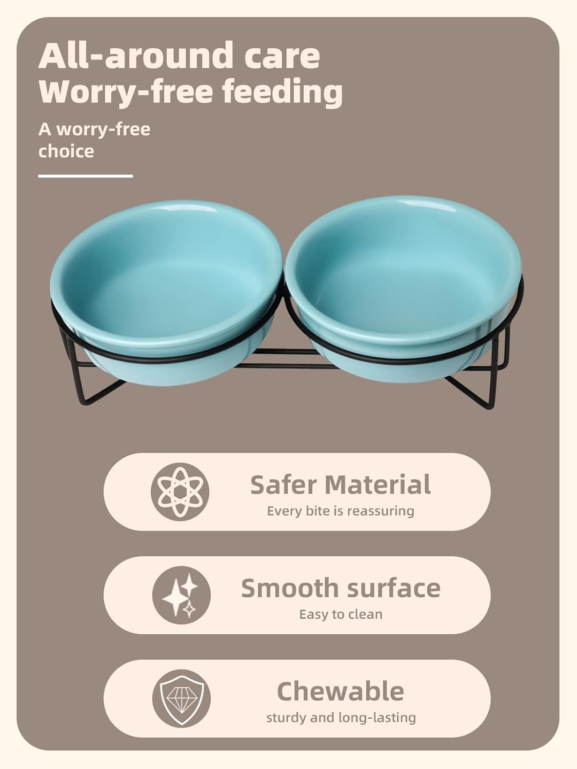 GDCZ Elevated Cat Bowl Stand, 11.6 in Metal Stand with 2 Removable 15 OZ Ceramic Bowls for Pet Food and Water, Stand Reduces Cat Neck Burden, Turquoise
