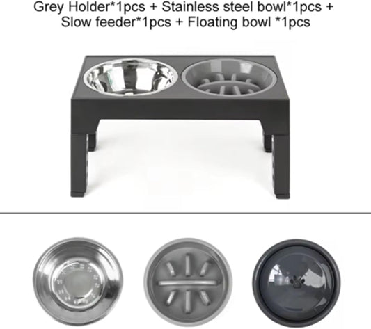 Dog Raised Bowls – Elevated Slow Feeder Dog Bowl with Adjustable Stand, 15° Tilted Ergonomic Floating Slow Feeding Bowl, Reduces Choking & Improves Digestion for Medium & Large Dogs (Grey)