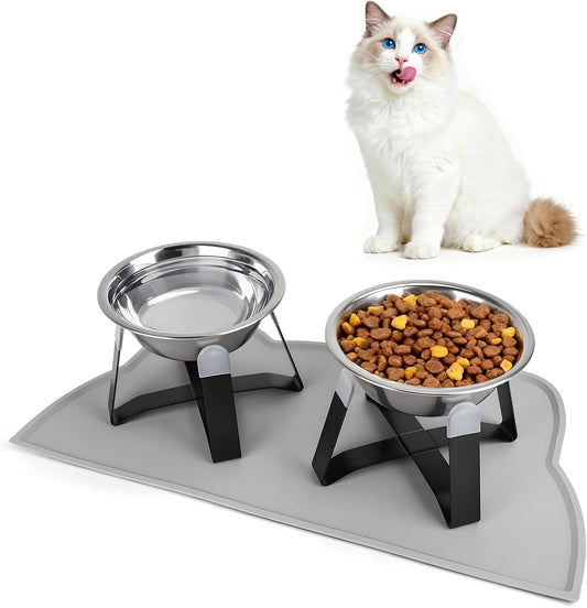 2 Pack Raised Cat Bowls Holder with Non-Slip Mat Stainless Steel Cat Feeder Elevated Pet Water Food Bowls for Cats Puppies Rabbits (Black)
