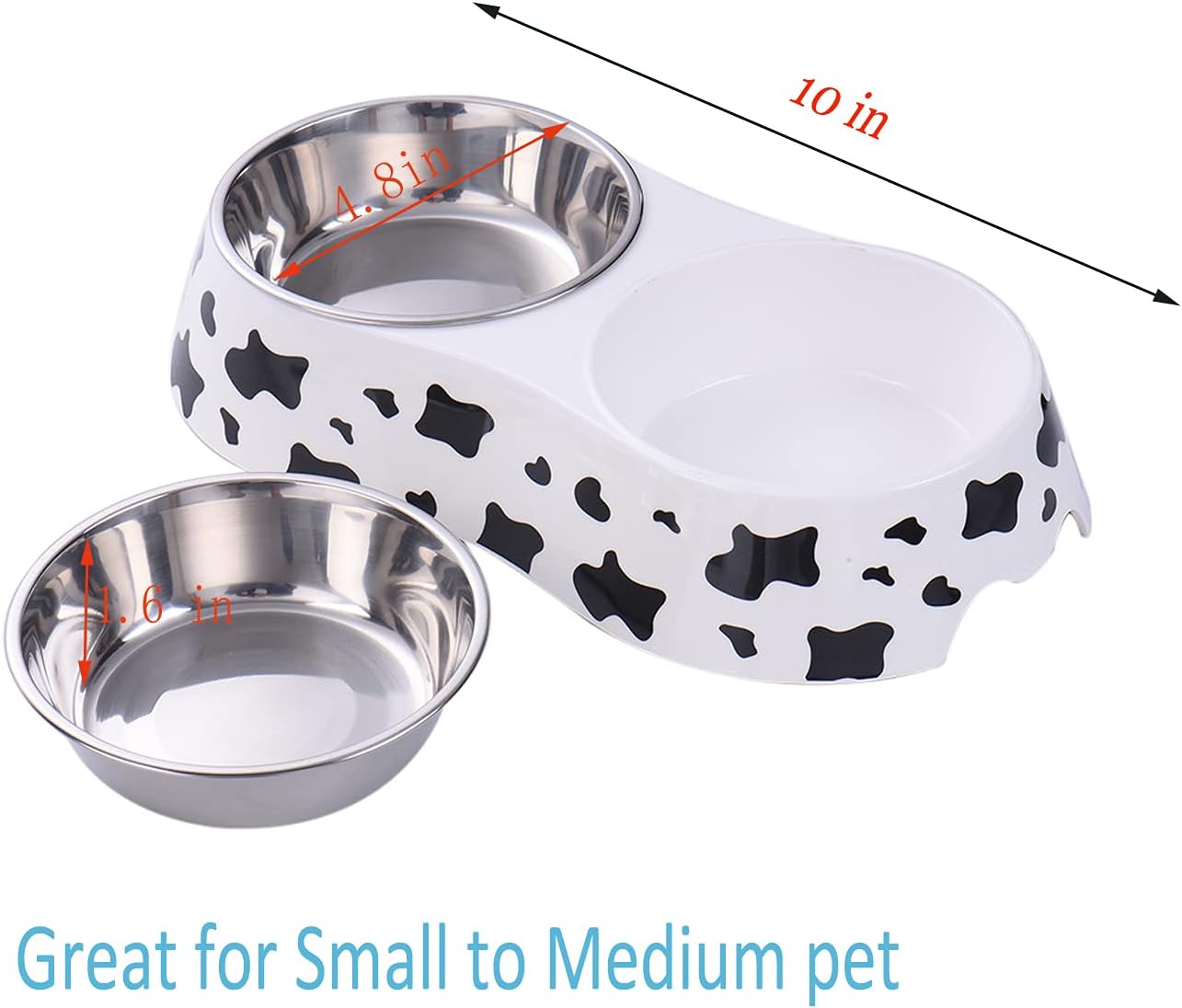 Pet Double Bowl Stainless Steel-Cow Type Pet Elevated Feeder Bowl for Dogs Cats (M (10 * 4.8 * 1.6 in))