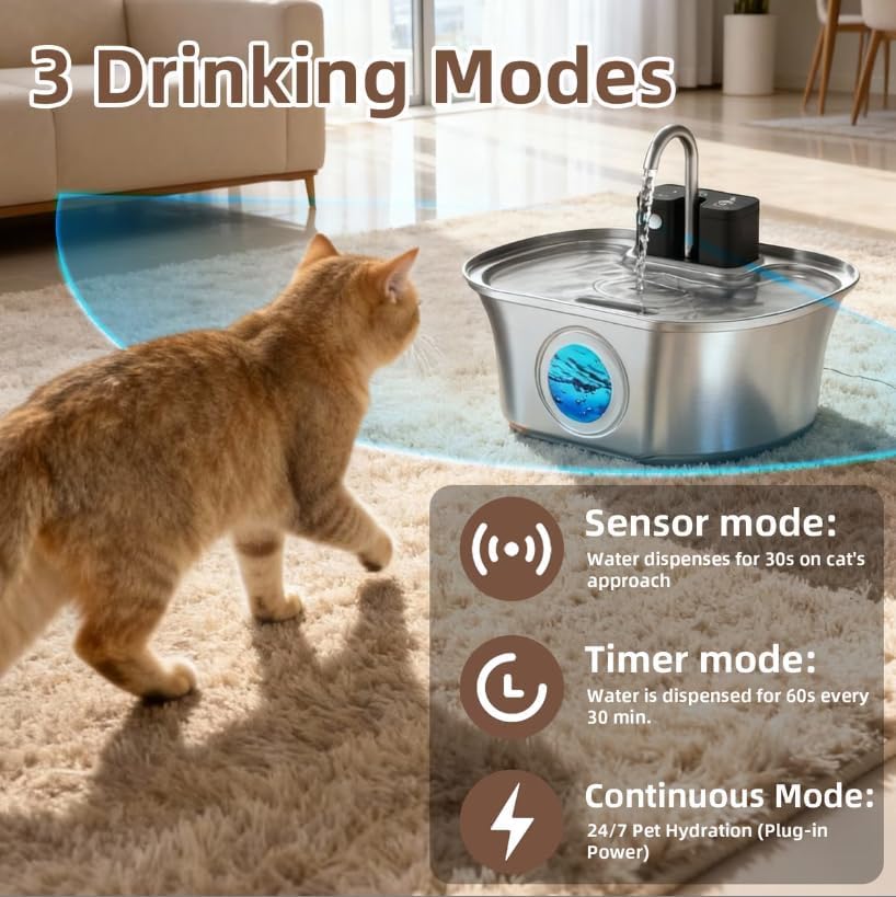 Casfuy PWL-300 Wireless Smart Quiet Stainless Steel Cat Water Fountain, 108-oz