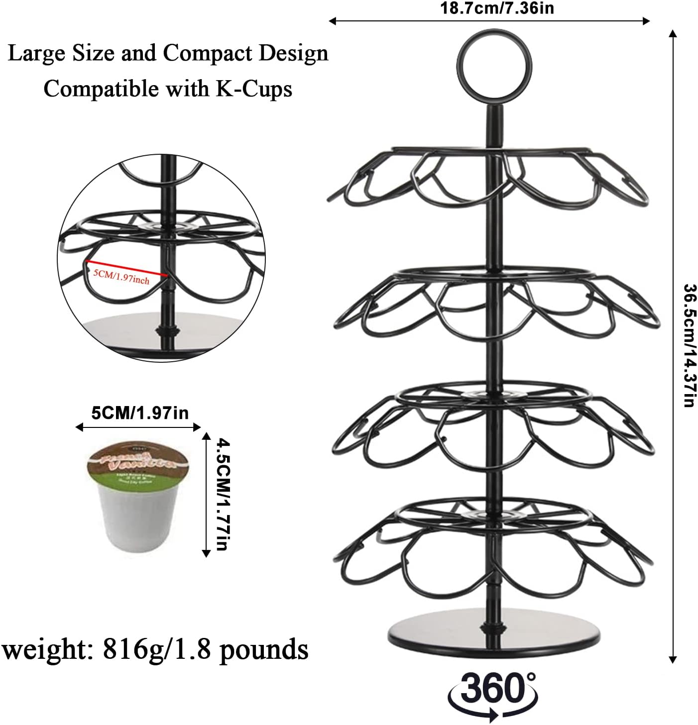 Coffee Pod Carousel Holder,Compatible with K-Cups Organizer Compatible with 36 Cup Pods,Spins 360-Degrees