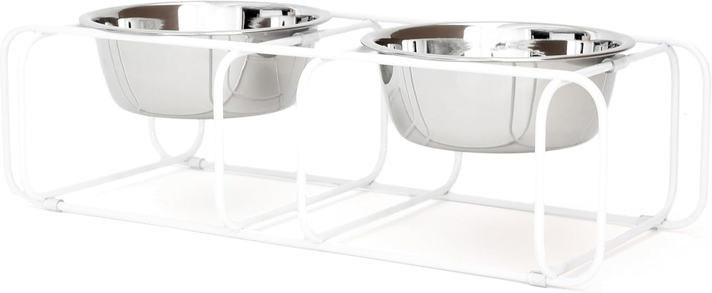 Wire & Dine Elevated Dog Bowls Stand for Small & Medium Sized Dogs & Cats - 2 Stainless Steel 3 Cup Dishes - Non-Skid, Modern Minimalist Design, Dishwasher Safe, White Frame - Made in USA