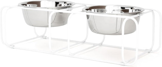 Wire & Dine Elevated Dog Bowls Stand for Small & Medium Sized Dogs & Cats - 2 Stainless Steel 3 Cup Dishes - Non-Skid, Modern Minimalist Design, Dishwasher Safe, White Frame - Made in USA