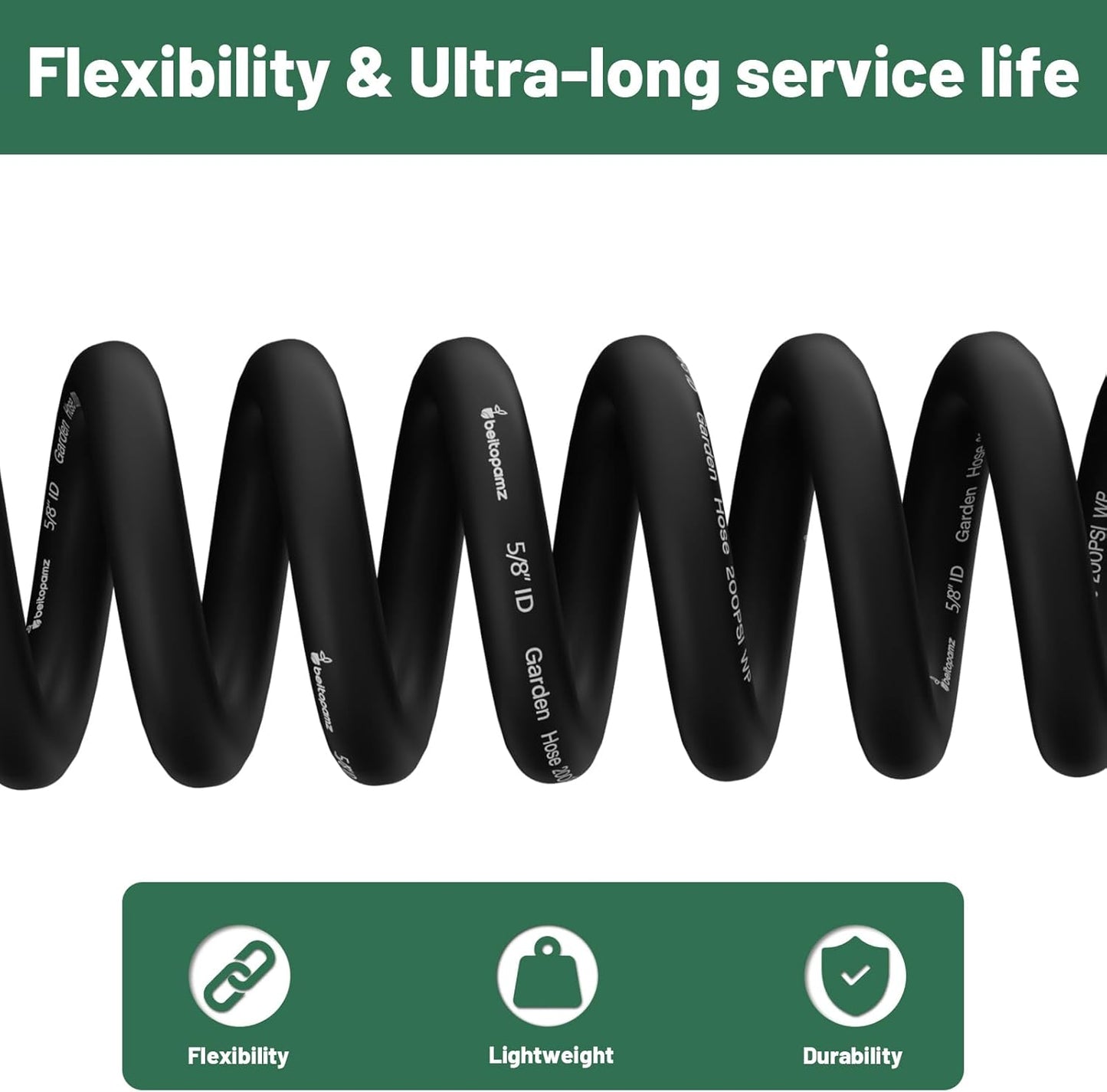 Garden Hose 50 ft x 5/8 in Heavy Duty Water Hose, Flexible and Durable, Lightweight Rubber Hybrid Hose, Leak-Free Connections, Male to Female 3/4'' Brass Fittings for Patio, Lawn, Black