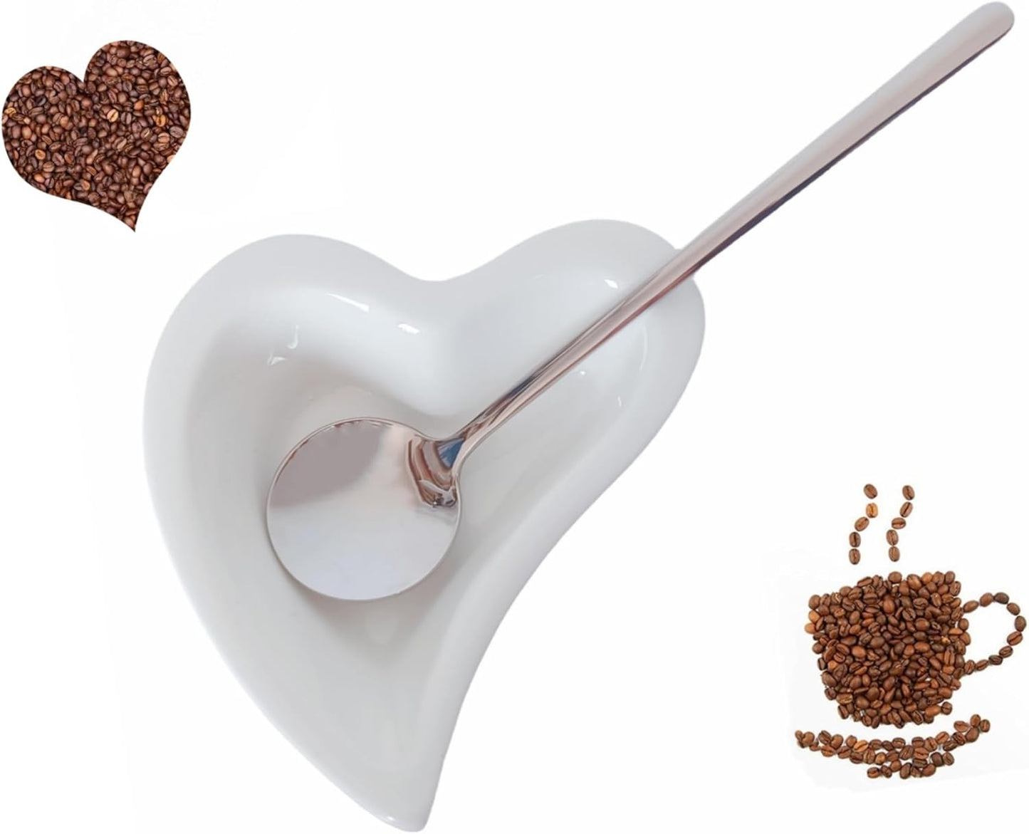 Coffee & Tea Spoon and Rest Set for Coffee Bar Accessories, Heart Cute Mini & Small Coffee Spoon Rest & Holder for Coffee Station & Bar, Teaspoon Rest & Holder (White Rest with Silver Spoon)