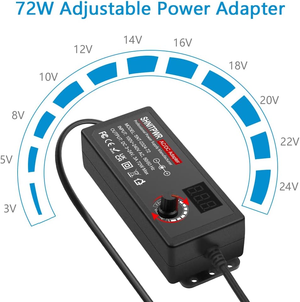 SHNITPWR 3V ~ 24V 3A 72W Power Supply Adjustable DC 3V 5V 6V 9V 12V 15V 16V 18V 19V 20V 24V Variable Universal AC/DC Adapter 100V-240V AC to DC Converter with 14 Tips 5.5x2.5mm 4.0x1.7mm 3.5x1.35mm