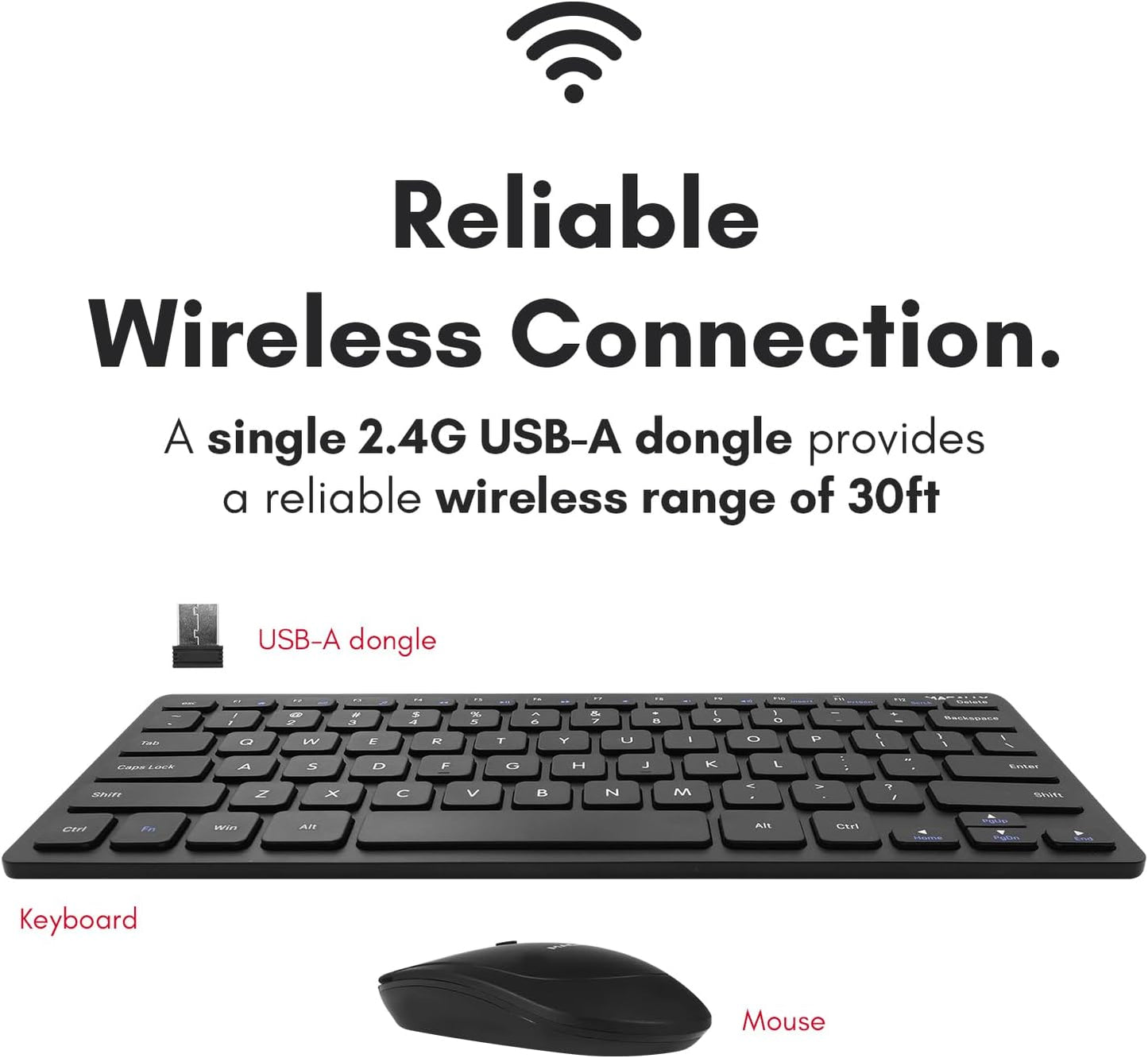 Macally Small Wireless Keyboard and Mouse Combo - Quiet Productivity Duo - 2.4G Wireless Keyboard Mouse for PC - 78 Key Mini Keyboard and Mouse with Slim Body, Click Buttons, and 3 DPI Modes