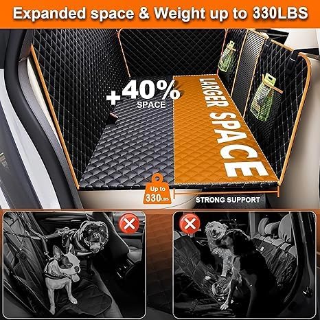 Back Seat Extender for Dogs - Large Space, Waterproof Dog Car Seat Cover for Back Seat with Hard Bottom Holds 420lbs, 600D Heavy-Duty Upgraded Material Dog Hammock for Car