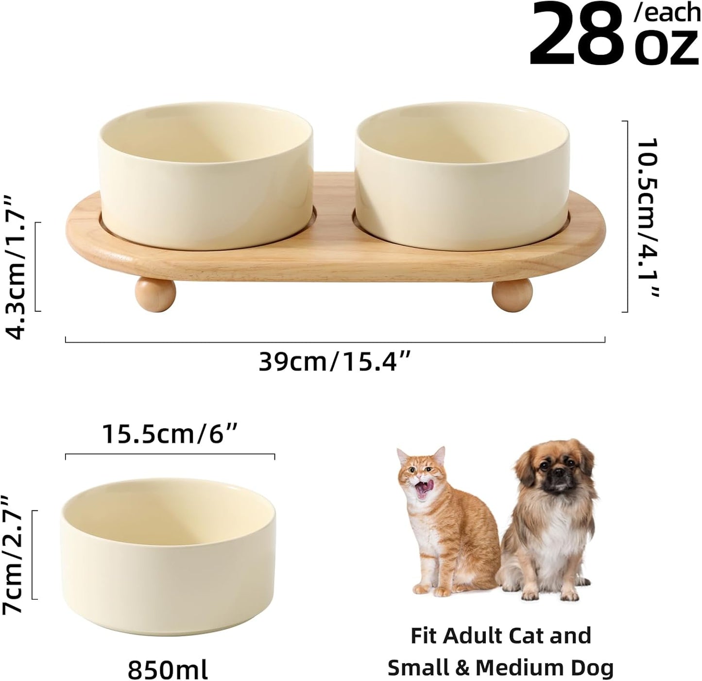 Ceramic Elevated Dog Bowls, Food and Water Bowls for Dogs, Puppy, Raised Dog Dish, Pet Feeder(6inch, 2 x Light Yellow + Stand)