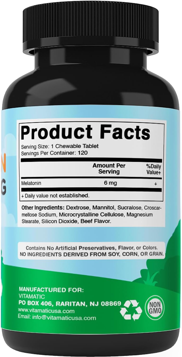 Vitamatic Melatonin for Dogs – 6 mg – 120 Chewable Tablets (Pack of 3) Beef Flavored – Natural Calming Aid for Dogs – Non-Habit Forming – Stress & Sleep Support