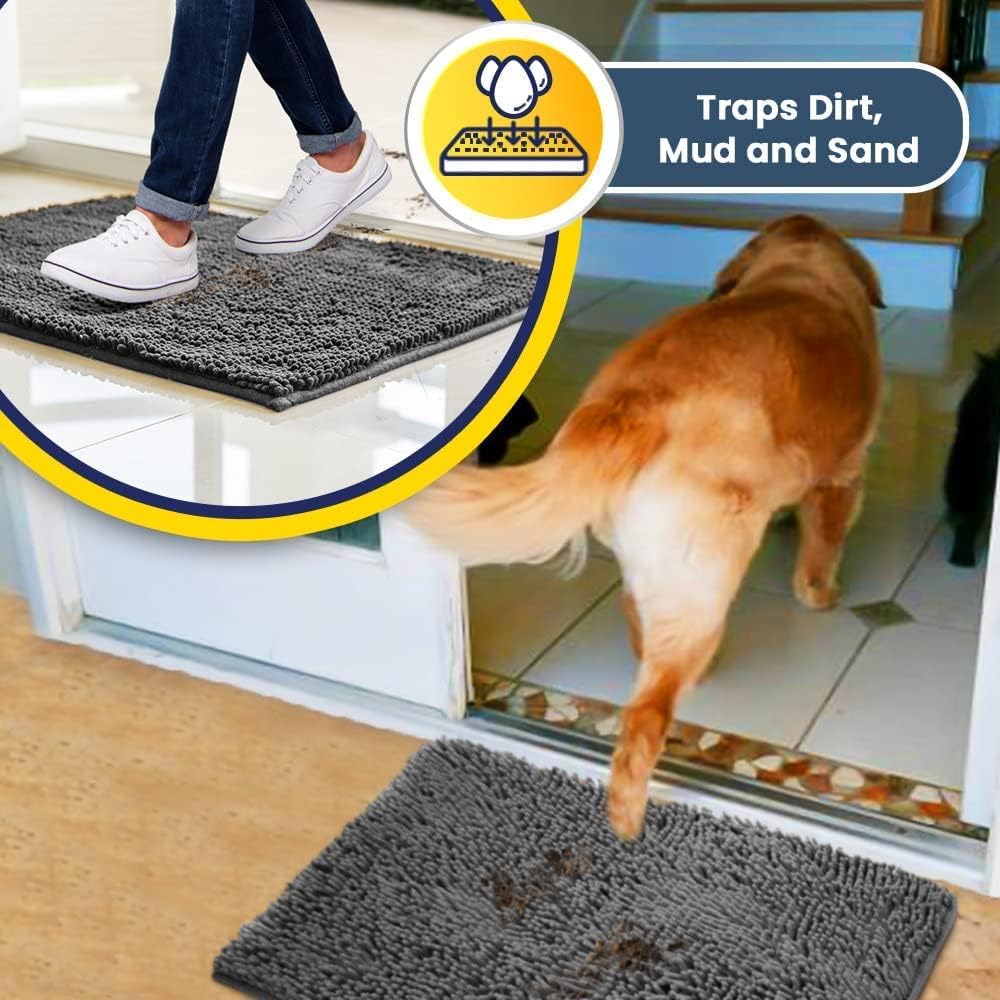 Muddy Mat® 2-Piece Grey Medium 30"X19" AS-SEEN-ON-TV Highly Absorbent Microfiber Door Mat, Bath Mat and Pet Rug, Non Slip Thick Washable, Soft Chenille for Kitchen Bathroom Bedroom Indoor and Outdoor