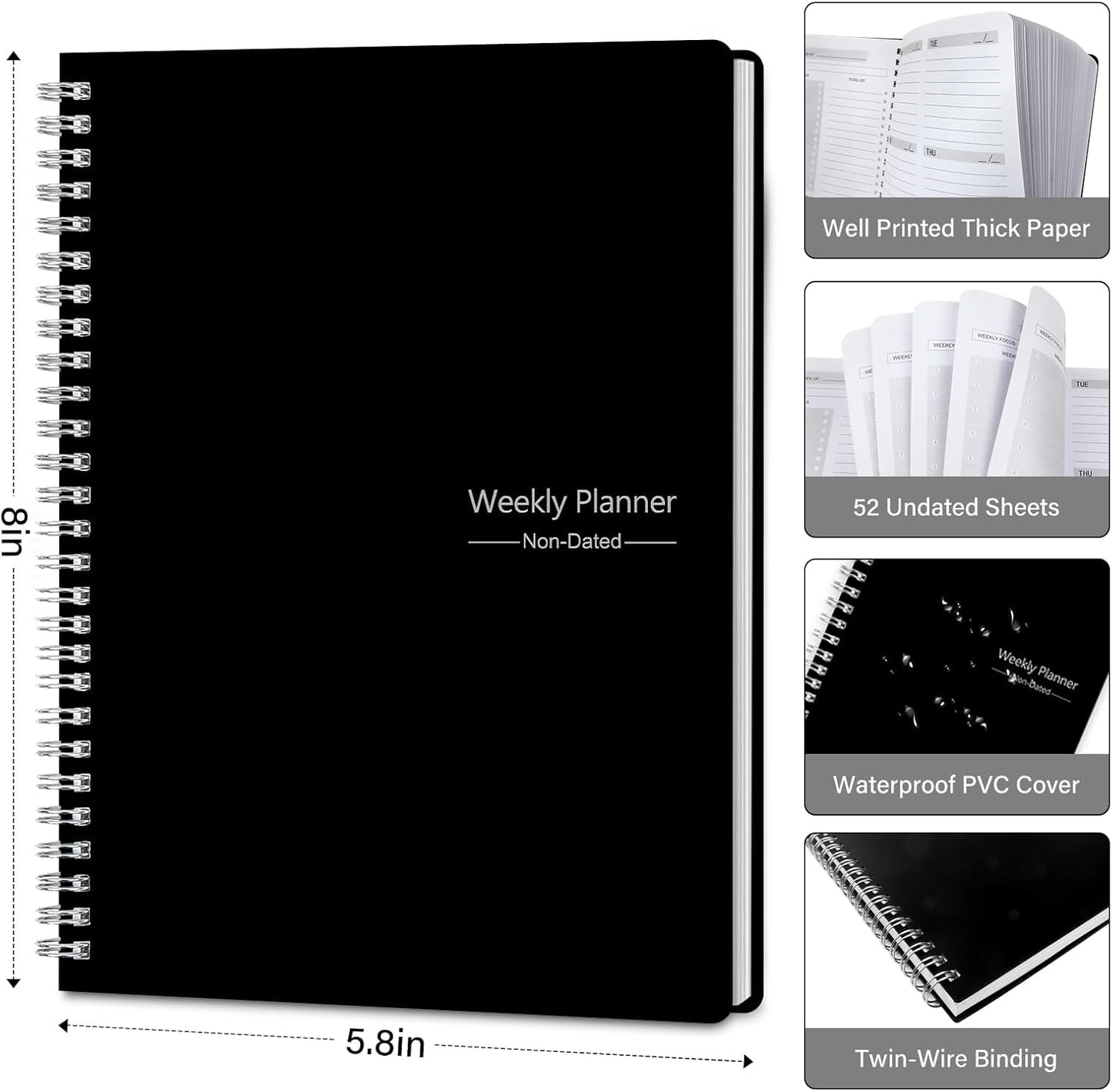 TREES Undated Weekly Planner, Weekly To Do List Notebook with Goal & Habit Tracker Organizer, A5 5.8"" x 8.0"" Weekly Planner Notebook with Spiral Binding for Men or Women, Black