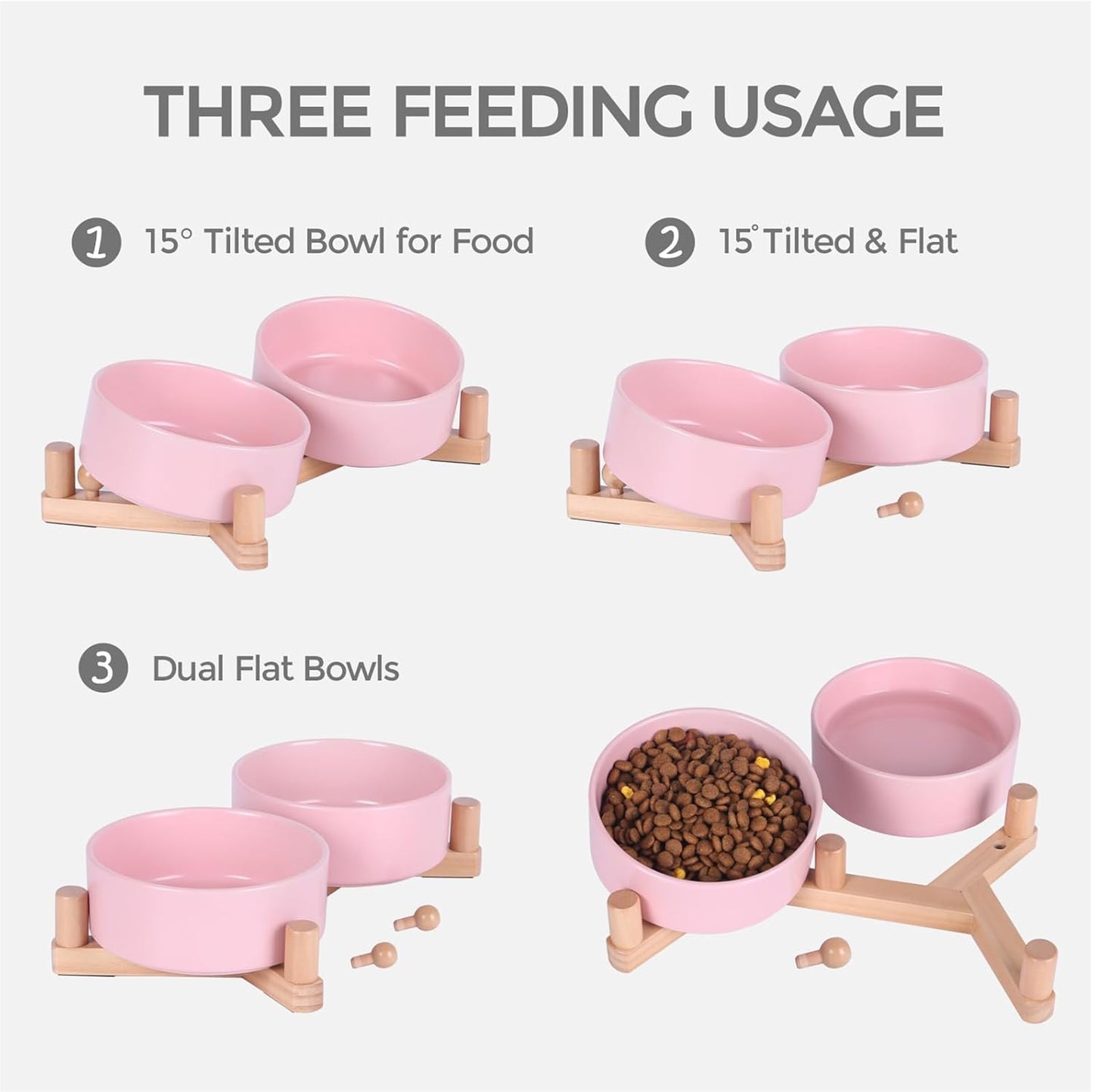 Ceramic Dog Bowl and Cat Bowls Set with 15° Adjustable Wood Stand, Non-Slip Weighted Pet Food and Water Bowls, Dual Raised Feeder for Small Dogs Cats, Matte Glaze Pet Dish 13.5oz Set of 2 (Pink)