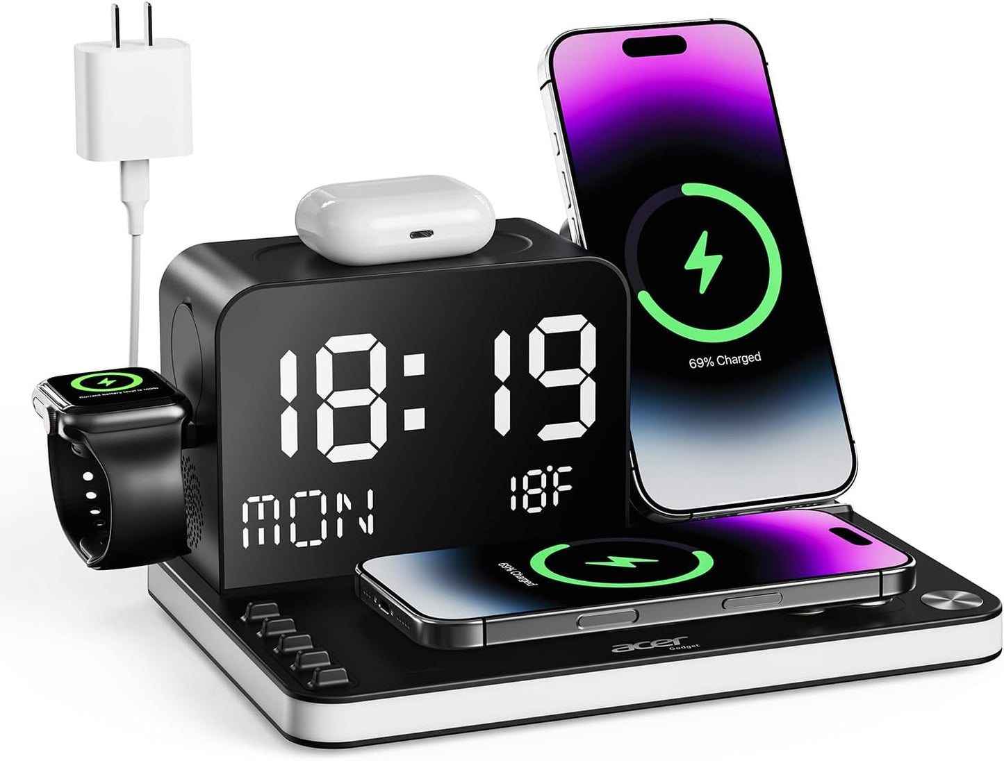 acer 7-in-1 Wireless Charging Station: Charger Stand for Multiple Devices for Apple - iPhone 16 15 14 13 12 Pro Max Apple Watch Airpods, Wireless Charger iPhone Charging Station with Bluetooth TimeSyn