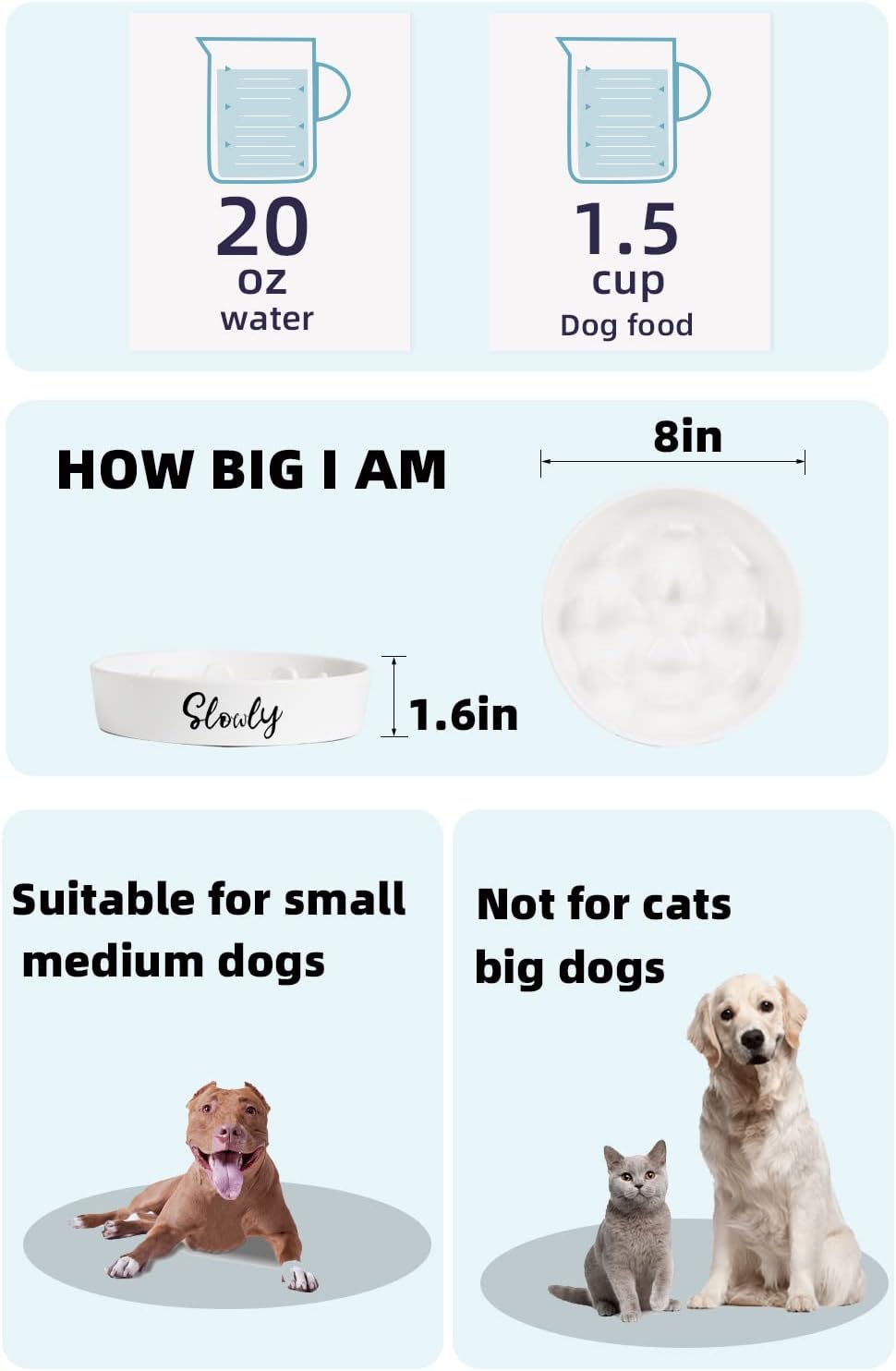 Slow Feeder Dog Bowls, Farmhouse Ceramic Fun Slow Eater Bowl for Medium Sized Dog, White