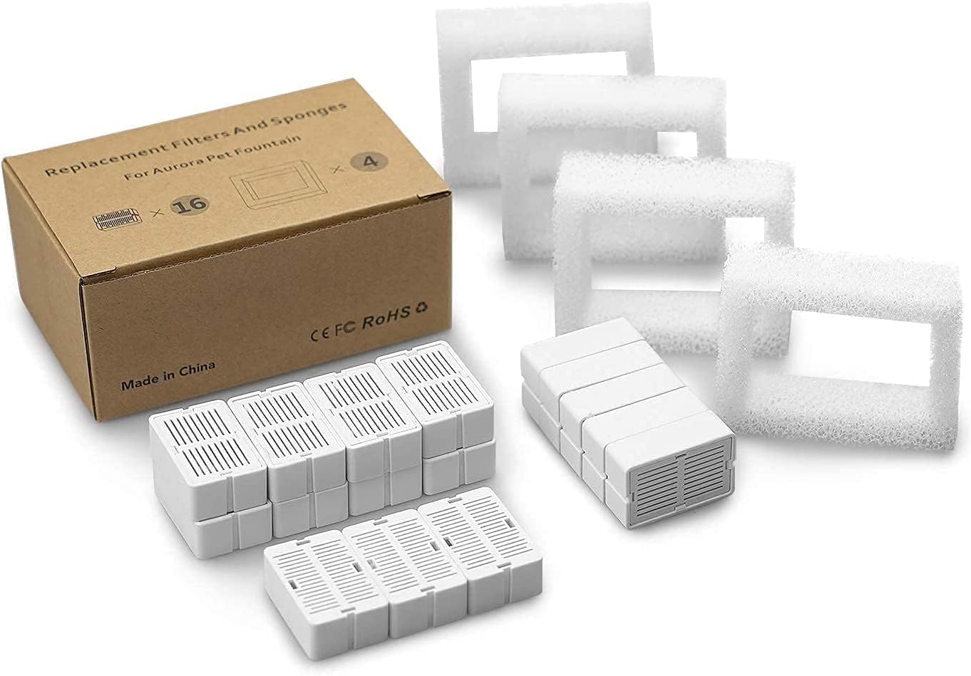 Cepheus 16 Pack Cat Water Fountain Filter with 4 Foam, Cupcake Pet Fountain Replacement Filters for Ceramic Cat Water Fountain, Carbon Fountain Filter Set