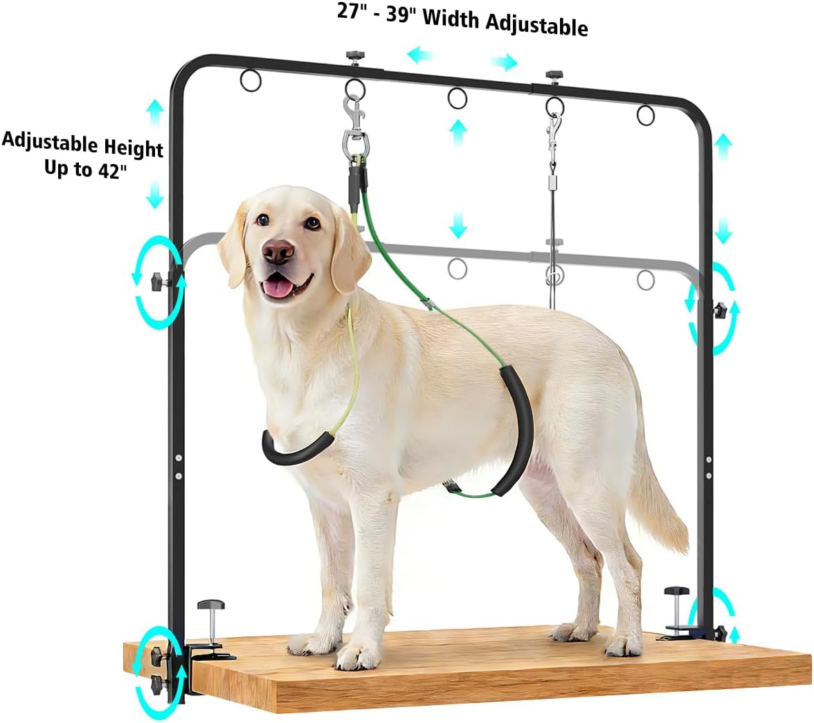 Portable Adjustable Dog Grooming Arm for Table- Pet Grooming Table Arm with Hammock & 2 Nooses, 42" Height Adjustable and 27" - 39" Width Adjustable,Applicable to Home & Store Pets