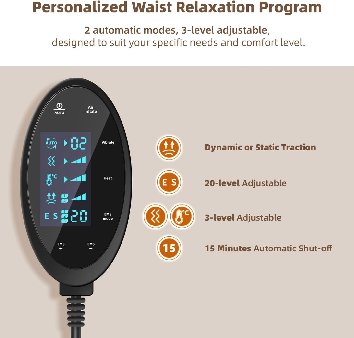 Electric Lumbar Traction Device, Multifunctional Back Traction Device with Dynamic Airbag Traction, 20-Level Electrotherapy, 3-Level Vibration Massage and Thermal Therapy from 113 to 131℉
