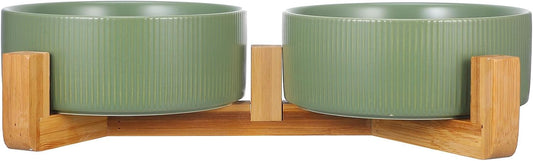PRETYZOOM Ceramic Pet Bowl with Wood Stand, Double Raised Dog and Cat Feeder Bowls, Matte Green Non-Spill Water and Food Dish for Small to Medium Pets