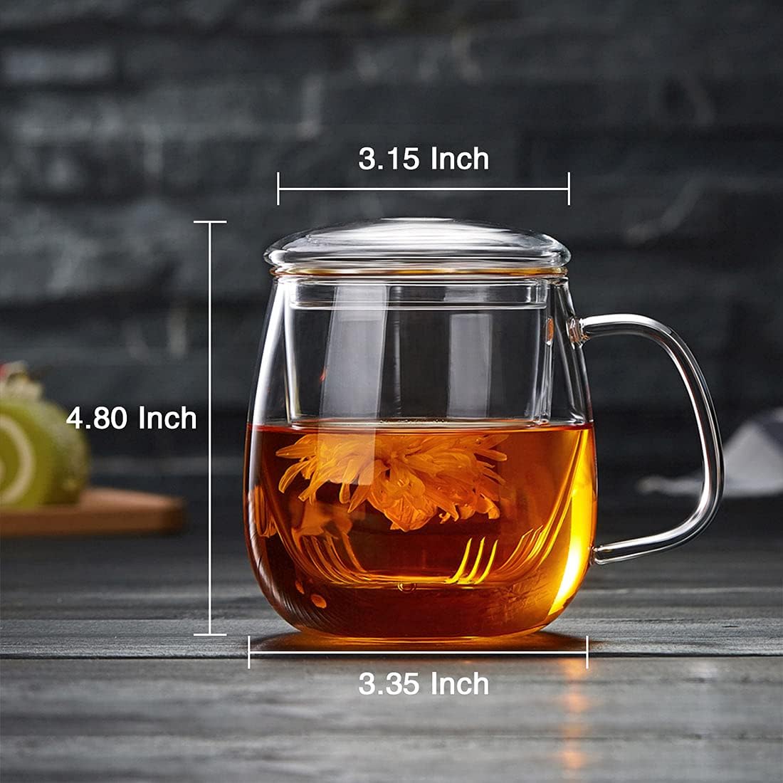 Glass Tea Cup with Infuser and Lid, 17.6oz/520ml Large Borosilicate Teacup,Tea Glass, Clear Mug for Loose Leaf Tea, Blooming Tea, Microwave & Dishwasher Safe - Tea Maker Gift for Birthday.