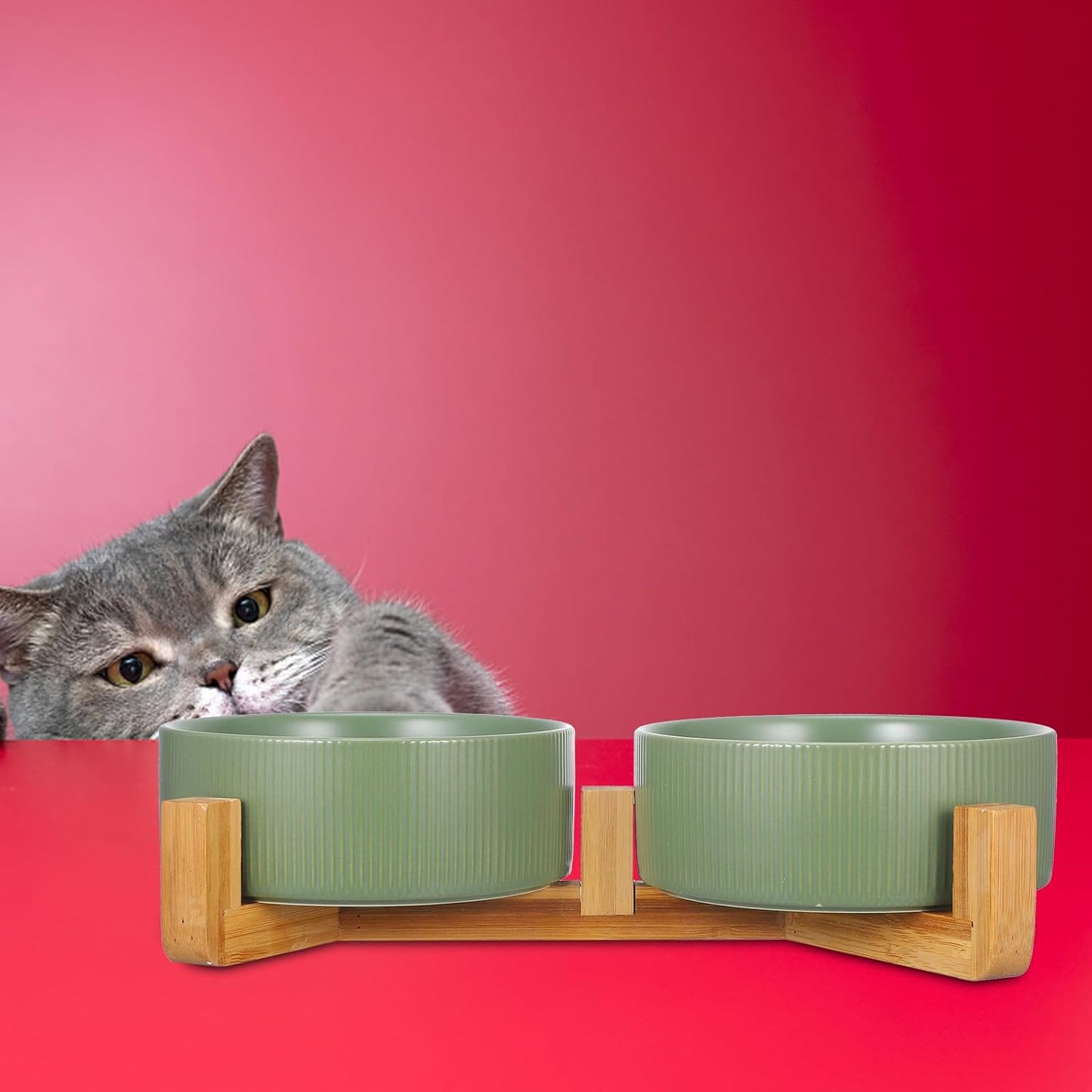 PRETYZOOM Ceramic Pet Bowl with Wood Stand, Double Raised Dog and Cat Feeder Bowls, Matte Green Non-Spill Water and Food Dish for Small to Medium Pets